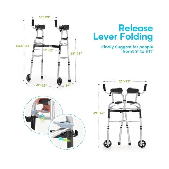 OasisSpace 300lb Capacity Folding Walker - Mobility Aid, 5-Inch Wheels, Armrest - Picture 2 of 7